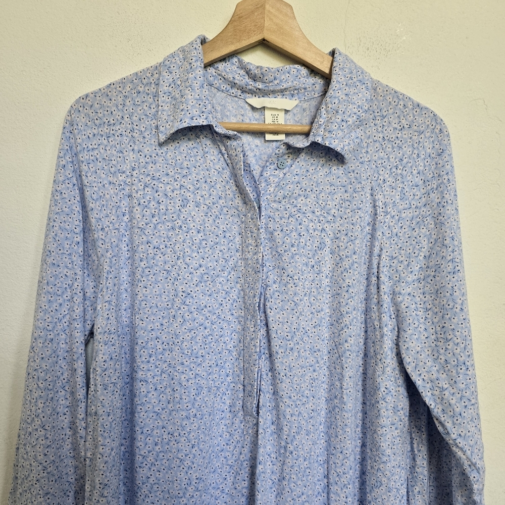 H&M Blue Floral Midi Dress Viscose Collared Long Sleeve Shirt Dress M - Picture 10 of 17